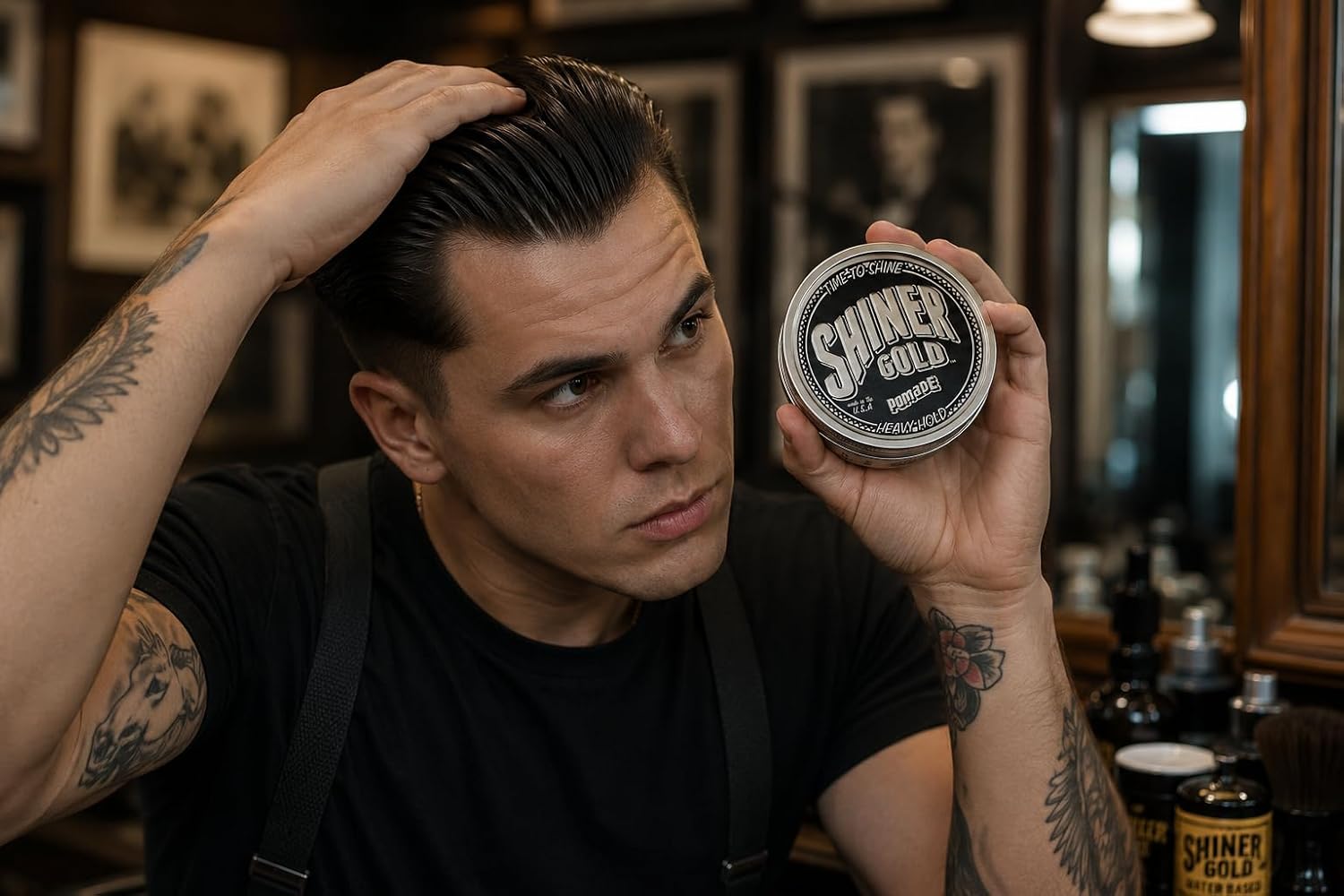Man in a barbershop styling his hair while holding a can of Shiner Gold Pomade Heavy Hold Classic